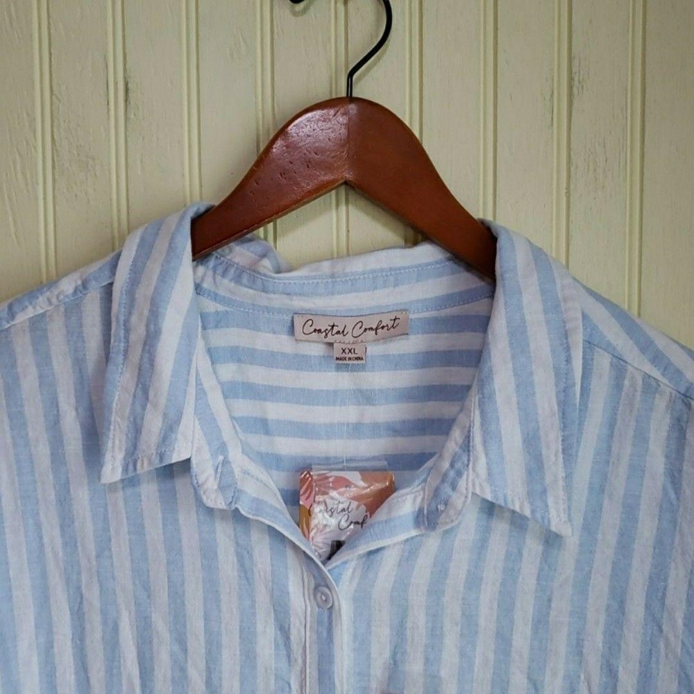 Coastal Comfort Pajama Top Womens XXL Blue Stripe Linen Short Sleeve Sleepwear